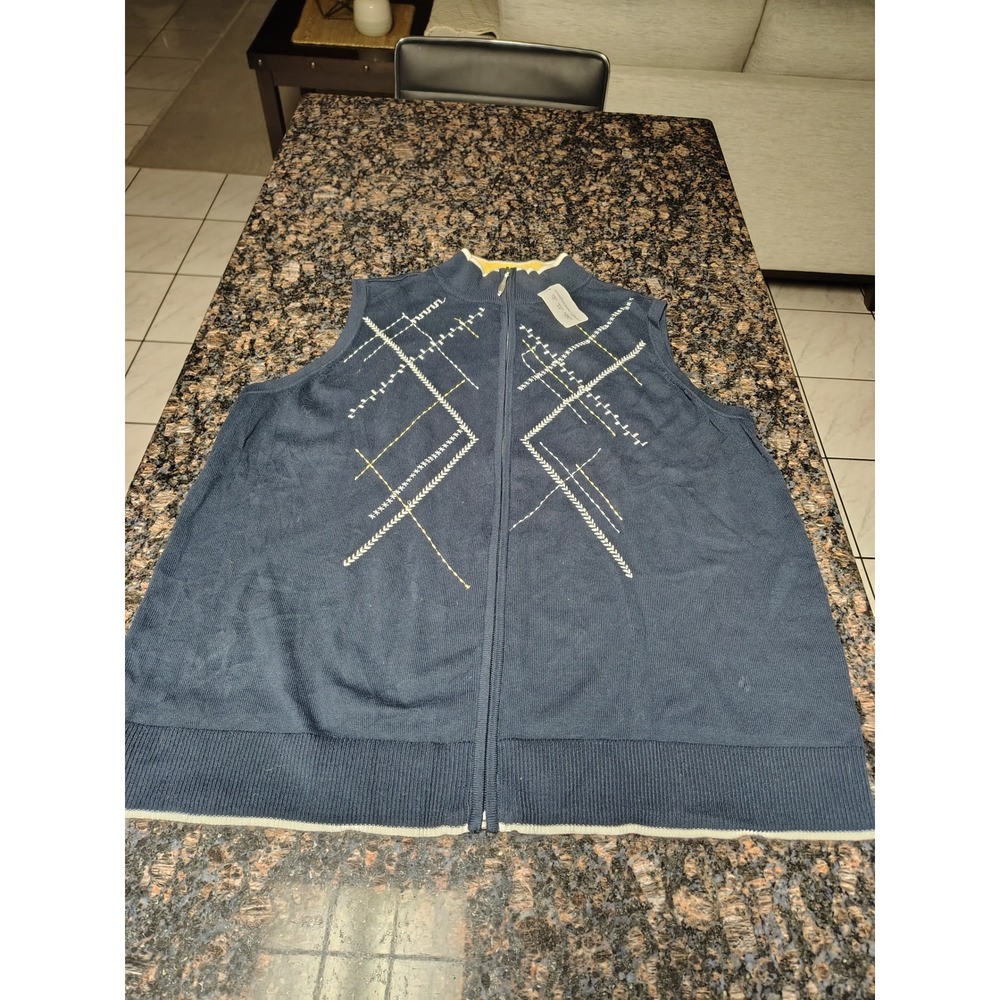 CJ Banks Navy Blue Full Zip Sweater Vest Embroidered Geometric 1X NWT